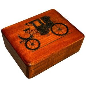 Vintage mid century carved wood trinket storage box brass inlay burnt stagecoach